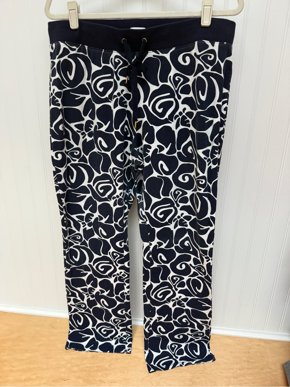 Crown & Ivy Beach Navy White Pull On Elastic Waist Wide Leg Pants Size Large EUC